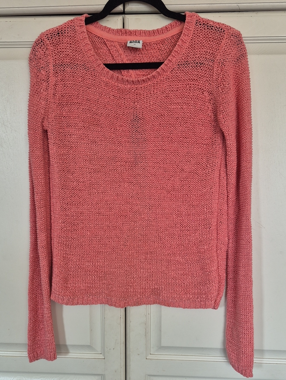 Vero Moda Coral Pink Open-Weave Crewneck Sweater With Cross-over Back